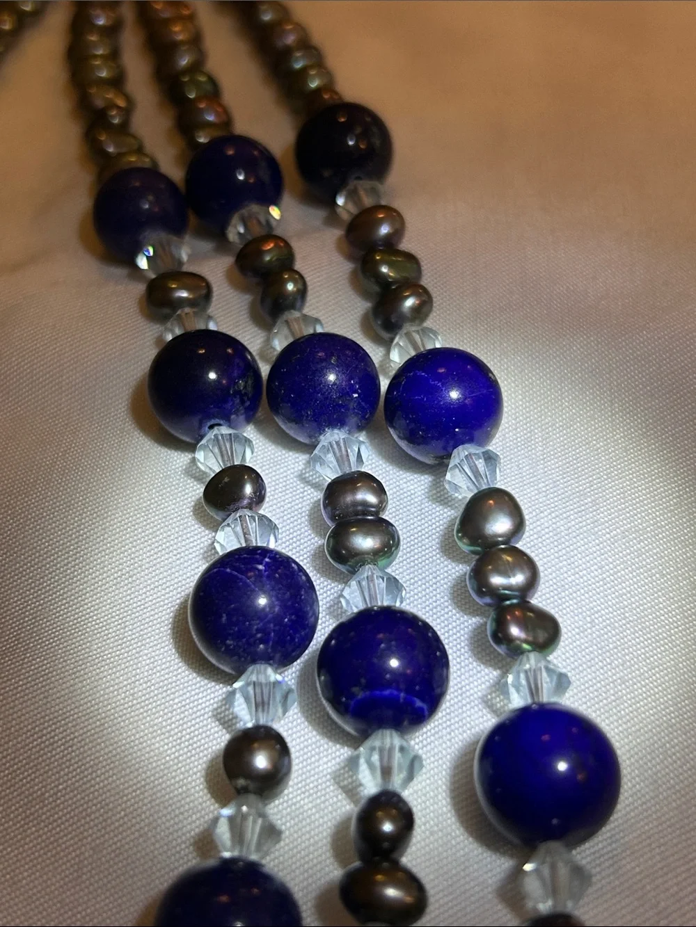 Multi-Strand Lapis Lazuli, Peacock Pearl Bead Necklace with Abalone Pendant